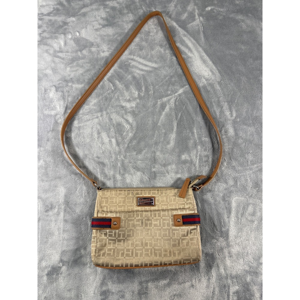 Tommy‎ Hilfiger Monogram Crossbody Bag Tan Khaki Signature Logo Strap